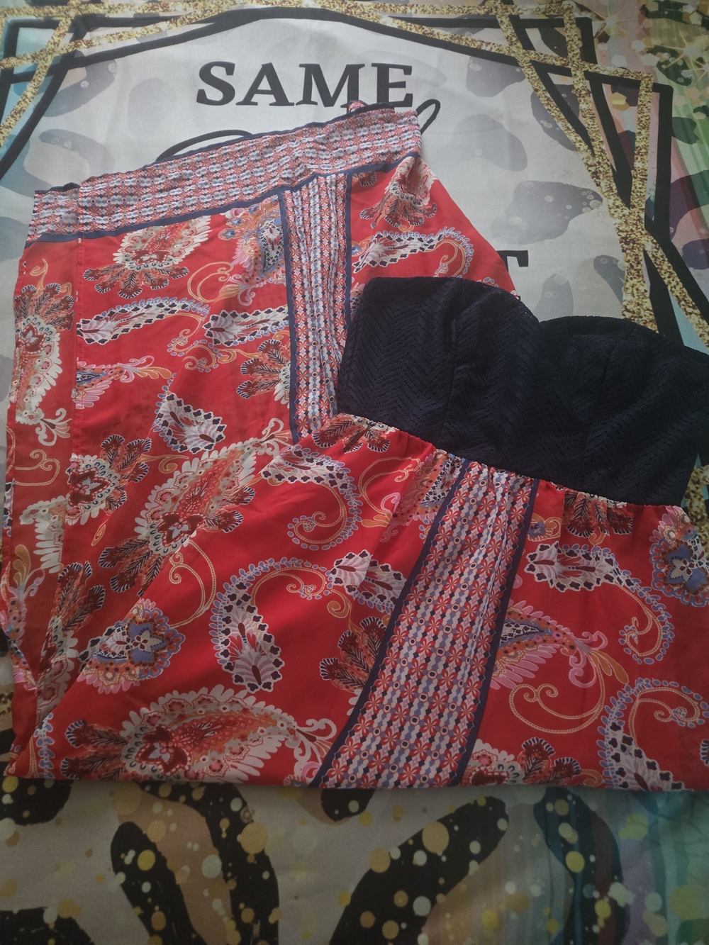 City Triangles Navy and Red Paisley Strapless Dress